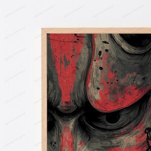 K&ouml;nnte beinhalten: Ein gerahmter Wandkunstdruck mit einer Nahaufnahme eines Gesichts mit intensiven, dunklen Augen. Das Kunstwerk verwendet eine Farbpalette aus Schwarz, Grau und leuchtendem Rot, gepr&auml;gt durch feine Linienf&uuml;hrung, abgenutzte Texturen und Farbspritzer.