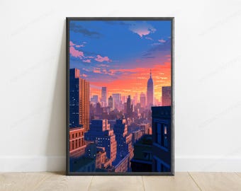 Anime-tryck med Manhattans tak | Poster med New Yorks skyline (digital nedladdning)