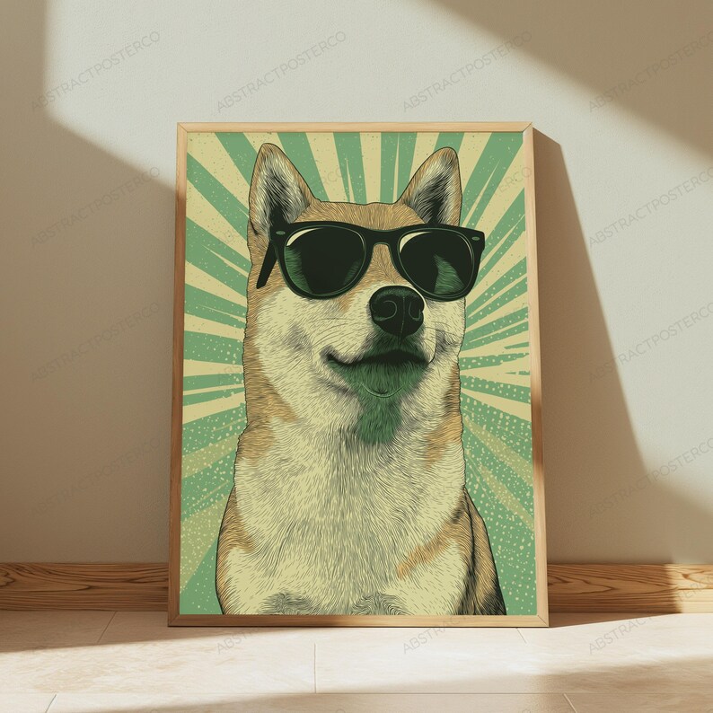 May include: A rectangular wall art print featuring a stylized illustration of a Shiba Inu dog wearing black sunglasses. The dog is centered against a background of radiating light green and cream-colored sunburst lines with a dotted texture.