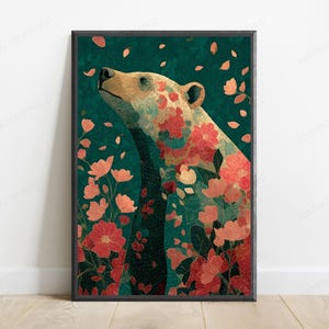 May include: A framed wall art print featuring a bear with a light tan coat adorned with red and pink floral patterns. The bear is positioned against a deep teal background filled with floating red and pink flower petals and blossoms.