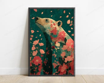 Japanese Brown Bear Folk Art Print | Hokkaido Wildlife Illustration (Digital Download)