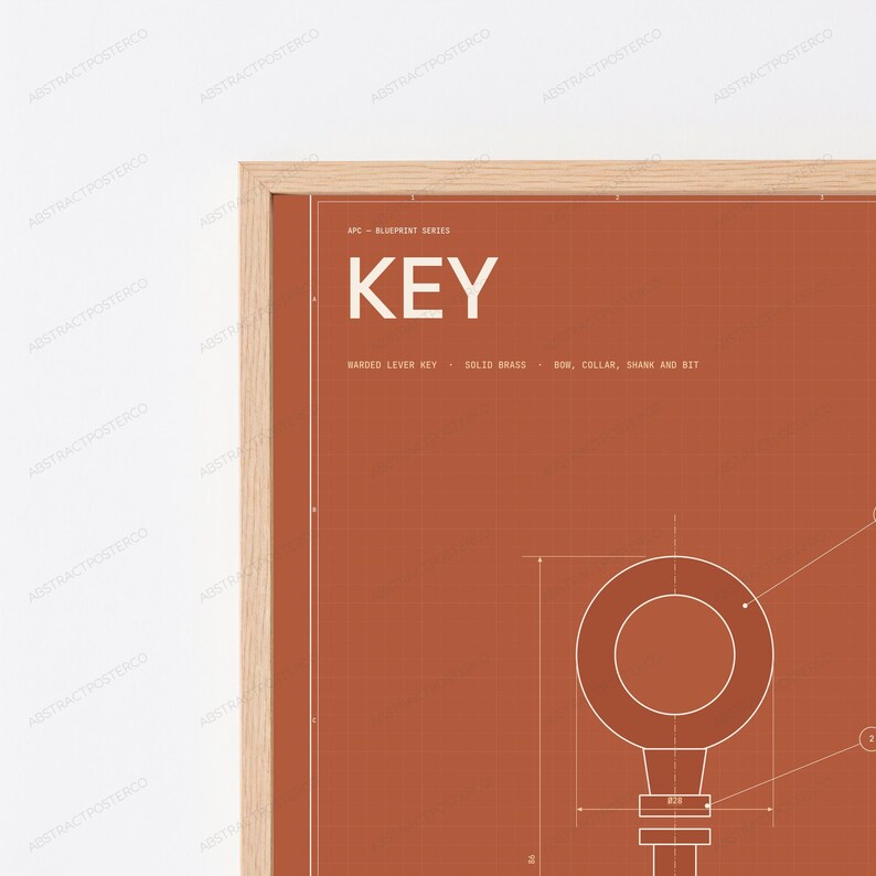 Vintage Key Technical Blueprint Print | Minimalist Steampunk Wall Art | Retro Industrial Decor image 2