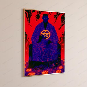 May include: A rectangular wall art print in a gold frame featuring a dark blue figure in a patterned robe holding a glowing orange pentagram. The background is a vibrant red with abstract shapes, and the floor is scattered with orange pentagrams.