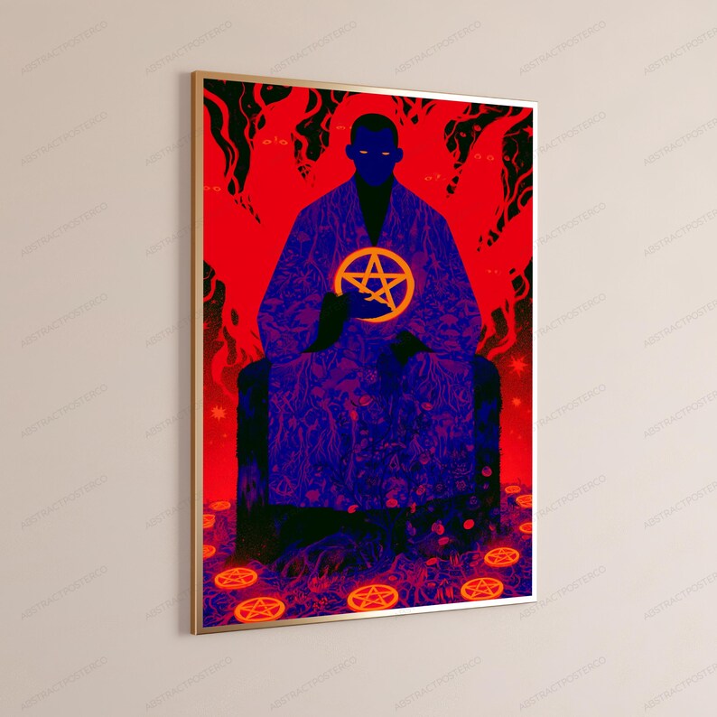 May include: A rectangular wall art print in a gold frame featuring a dark blue figure in a patterned robe holding a glowing orange pentagram. The background is a vibrant red with abstract shapes, and the floor is scattered with orange pentagrams.