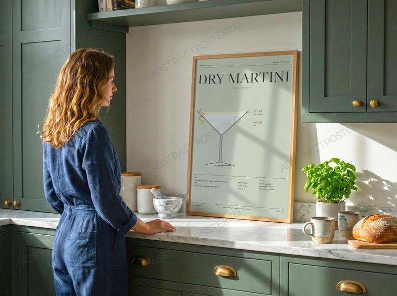 Dry Martini Cocktail Recipe Print in Sage shown in a kitchen