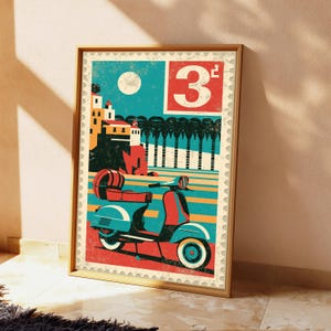 May include: A framed rectangular wall art print designed like a postage stamp featuring a teal and red scooter in the foreground. The background displays a coastal scene with yellow buildings, palm trees, a white sun, and the large red number 3.