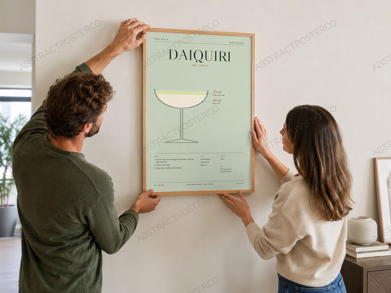 Daiquiri Cocktail Recipe Print in Sage, held up in a room