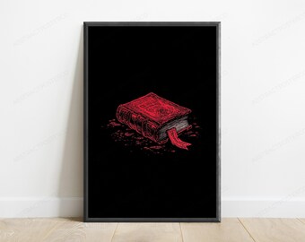 Mystical Spell Book Print | Red & Black Japanese Art | Anime Witchcraft Wall Decor | Minimalist Digital Download