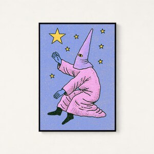Pink Wizard Magical Spell Pop Art Print | Whimsical Star Wall Art | Minimalist Fantasy Decor | Digital Download A3 A2 A1 image 1