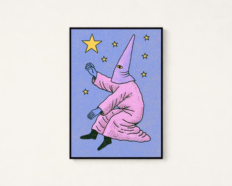 Pink Wizard Magical Spell Pop Art Print | Whimsical Star Wall Art | Minimalist Fantasy Decor | Digital Download A3 A2 A1 image 1