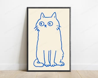 Blue Sketchy Cat Line Drawing Print | Minimalist Feline Wall Art | Modern Home Decor | Digital Download A3 A2 A1
