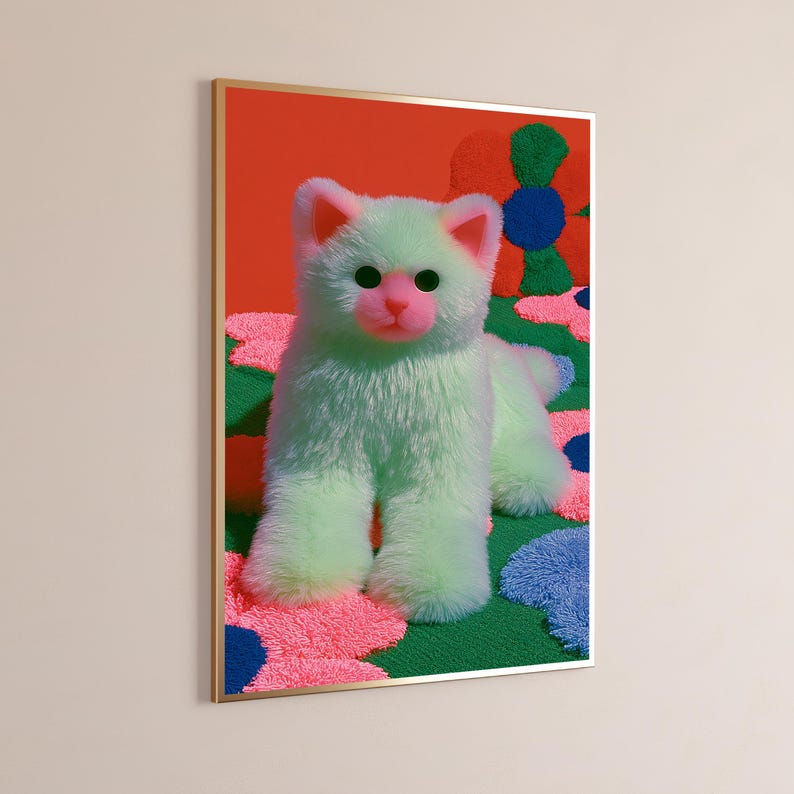 K&ouml;nnte beinhalten: Ein gerahmter Wandkunstdruck, der eine flauschige, hellgr&uuml;ne Katze mit rosa Nase und Ohren zeigt. Die Katze ist vor einem leuchtend orangefarbenen Hintergrund platziert und sitzt auf einem strukturierten, getufteten Teppichmuster mit rosa, blauen und gr&uuml;nen Blumenformen.
