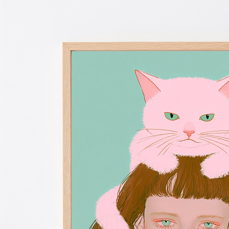 Minimalistisk popkonst-tryck med flicka med rosa katt | Nyckfullt porträttväggkonst | Söt heminredning | Digital nedladdning A3 A2 A1 bild 2
