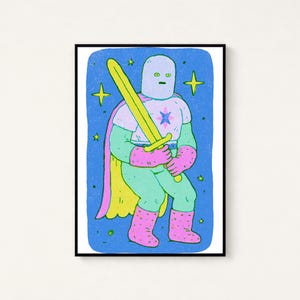 Cosmic Warrior with Yellow Sword Pop Art Print | Neon Character Wall Art | Vibrant Home Decor | Digital Download A3 A2 A1 image 1