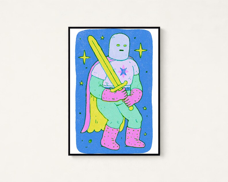 Cosmic Warrior with Yellow Sword Pop Art Print | Neon Character Wall Art | Vibrant Home Decor | Digital Download A3 A2 A1 image 1