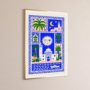 Celestial Islamic Architecture Wall Art | Blue Mosque Minaret Stars Moon | Minimalist Boho Print | Digital Download A3 A2 A1 image 3
