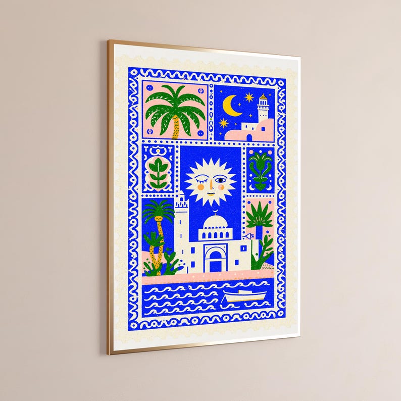 Celestial Islamic Architecture Wall Art | Blue Mosque Minaret Stars Moon | Minimalist Boho Print | Digital Download A3 A2 A1 image 3