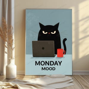 Grumpy Black Cat with Laptop Coffee Mug | Monday Mood Pop Art Print | Funny Office Wall Decor image 5