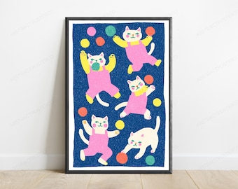 Pop-Art-Kunstdruck: Jonglierende Katzen | Fröhliche, minimalistische Wanddekoration (Digitaler Download)