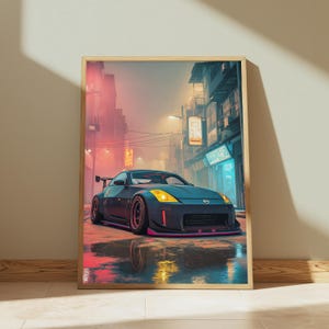 Neon Sports Car Rainy City Print | Black JDM Car Wall Art | Cyberpunk Aesthetic Decor | Digital Download A3 A2 A1 image 2