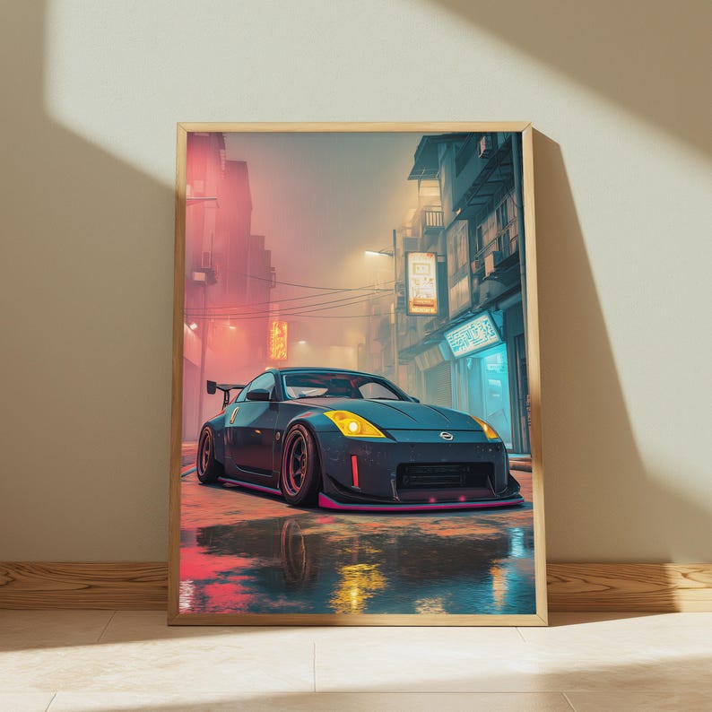 Neon Sports Car Rainy City Print | Black JDM Car Wall Art | Cyberpunk Aesthetic Decor | Digital Download A3 A2 A1 image 2