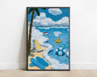 Beach Holiday Painterly Art Print | Tropical Vacation Wall Art | Summer Decor with Pool Float | Digital Download A3 A2 A1