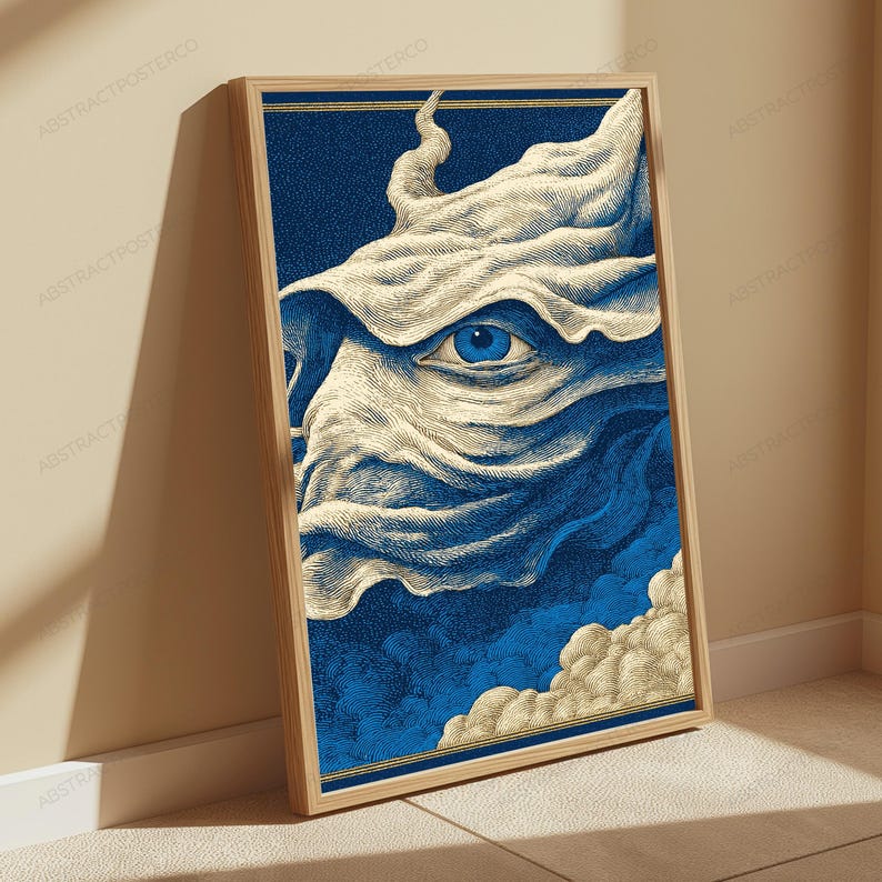 May include: A framed vertical wall art print featuring a stylized illustration of a single blue eye peering through flowing, cream-colored fabric or smoke against a deep blue background. The artwork is enclosed in a light-toned wooden frame.