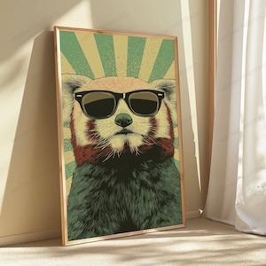 May include: A rectangular wall art print featuring a stylized illustration of a red panda wearing black sunglasses. The background consists of a vintage-inspired sunburst pattern in alternating shades of muted green and light beige.