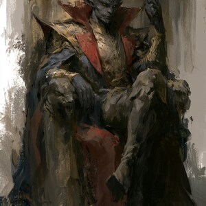 May include: A digital painting of a dark-skinned, horned humanoid figure with pointed ears sitting on a throne. The figure wears a high-collared, layered garment in shades of gold, red, and dark blue, with a long tail extending from the base.