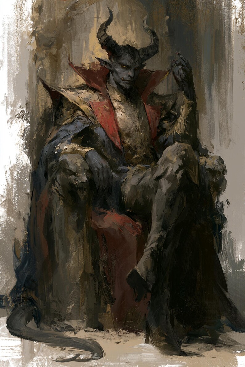 May include: A digital painting of a dark-skinned, horned humanoid figure with pointed ears sitting on a throne. The figure wears a high-collared, layered garment in shades of gold, red, and dark blue, with a long tail extending from the base.