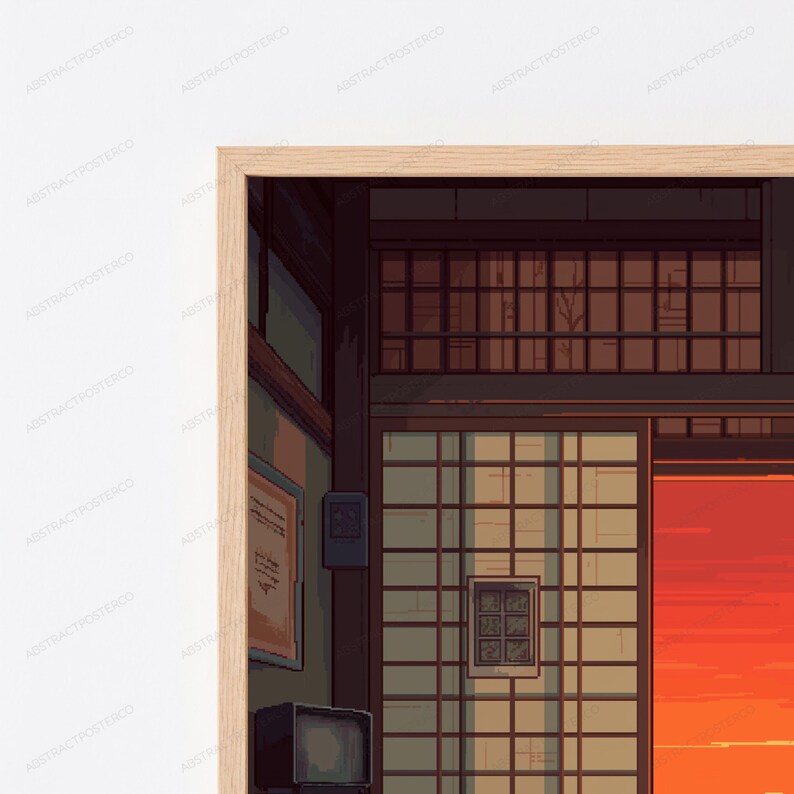 May include: A framed digital art print depicting a traditional Japanese interior with shoji screen doors and a view of a vibrant orange sunset. The scene features dark wooden structural beams, a small television set, and a wall-mounted framed document.