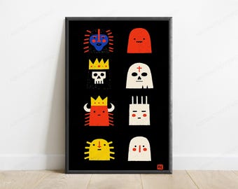 Quirky Skull & Monster Characters Art Print | Spooky Folk Art Wall Decor | Bold Outsider Art Black Background