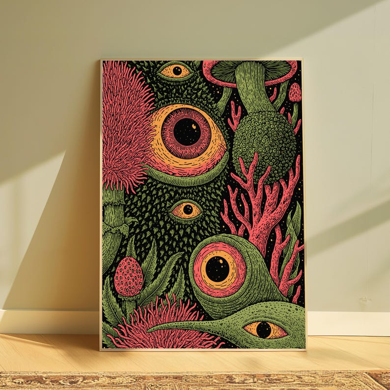 May include: A rectangular art print featuring a dense, dark green textured background filled with multiple large, detailed eyes with orange and yellow irises, pink spiky floral elements, green mushroom-like shapes, and coral-like structures.
