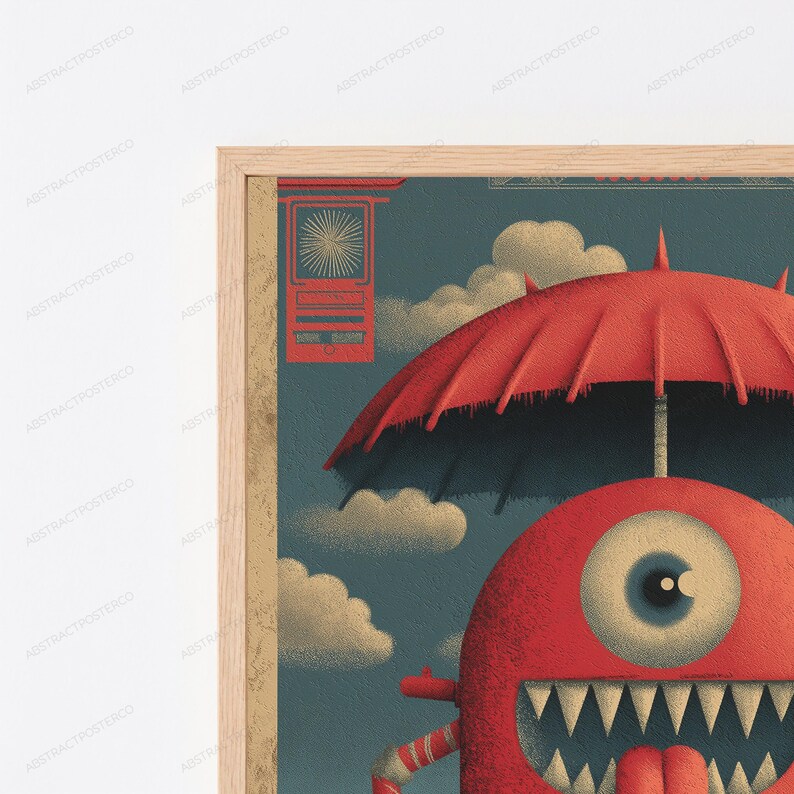 May include: A framed wall art print featuring a red, one-eyed monster character with sharp teeth and a tongue, holding a red umbrella. The background is a dark teal color with beige clouds and a red rectangular graphic element in the upper corner.