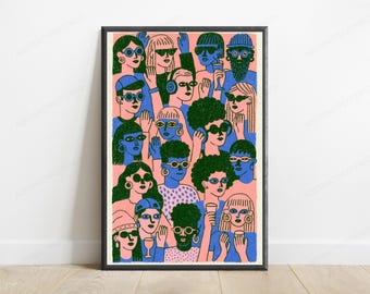 Lámina de arte pop con multitud colorida y diversa / Arte mural retro de gente de fiesta / Decoración gráfica llamativa para el hogar / Descarga digital A3 A2 A1