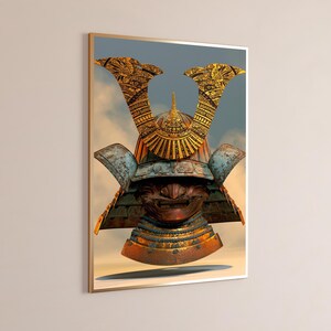 May include: A framed wall art print featuring a detailed illustration of a samurai helmet. The helmet is metallic bronze with a weathered texture, featuring a prominent gold crest with intricate engravings and a fierce, stylized face mask.