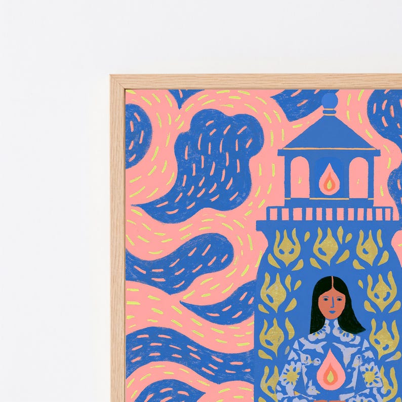 May include: A framed art print featuring a stylised blue lighthouse structure with a person in the foreground. The background consists of swirling pink and blue patterns. The lighthouse is decorated with gold floral motifs and a flame icon.