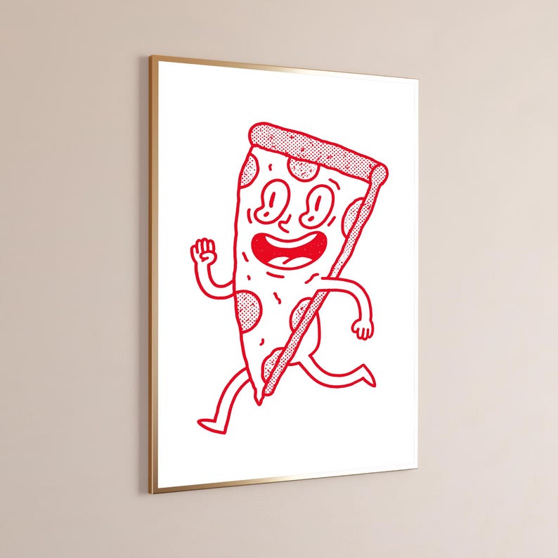 May include: A framed wall art print featuring a red line drawing of a cartoon pizza slice character with arms and legs in a running pose. The pizza slice has a wide smiling mouth, large eyes, and dotted texture on the crust and toppings.