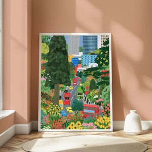 Urban Garden Street Scene Print | Colourful City Park Wall Art | Minimalist Landscape Decor | Digital Download A3 A2 A1 image 2
