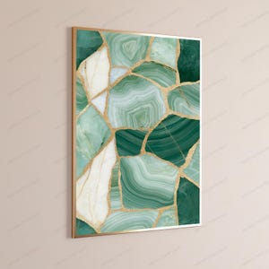 May include: A rectangular wall art print featuring a mosaic pattern of green and white agate stone slices. The individual stone segments are outlined with thin gold lines, creating a geometric arrangement of varying shades of emerald and sage.