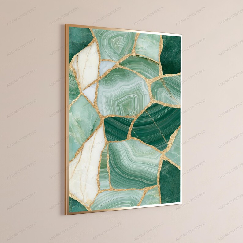 May include: A rectangular wall art print featuring a mosaic pattern of green and white agate stone slices. The individual stone segments are outlined with thin gold lines, creating a geometric arrangement of varying shades of emerald and sage.