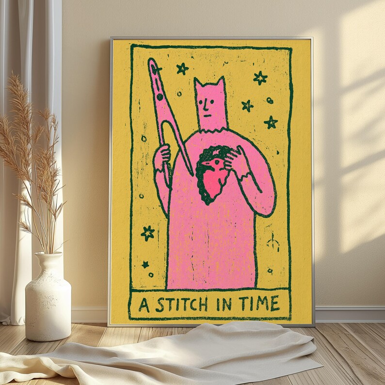 Lámina de arte pop con carta del tarot del gato mago rosa / Arte mural de criaturas mágicas / Decoración original para el hogar / Descarga digital A3 A2 A1 imagen 4