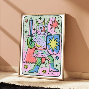 カラフルな悪魔のクリーチャーのポップアートプリント | 風変わりなモンスターのウォールアート | マキシマリストなホームデコレーション | デジタルダウンロード A3 A2 A1 画像 3
