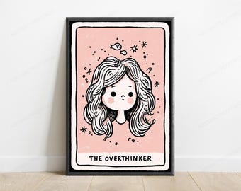 The Overthinker Girl Portrait Print | Minimalist Line Art | Whimsical Wall Decor | Digital Download A3 A2 A1