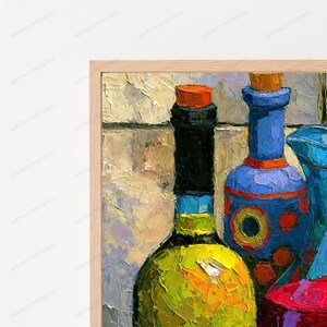 May include: An oil painting print in a light wood frame featuring a still life of three bottles. The foreground bottle is bright yellow with a black neck and orange cap. Behind it sits a blue bottle with orange accents and a red base.