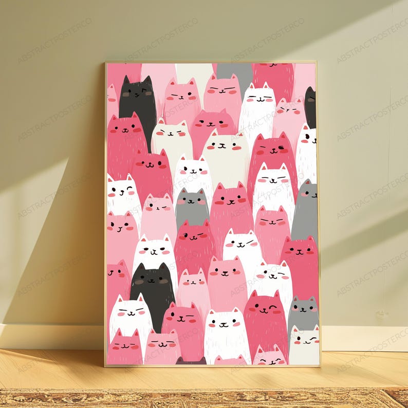 May include: A vertical rectangular wall art print featuring a dense, repeating pattern of stylized cats in shades of pink, white, black, and gray. The cats have simple facial features, including eyes, noses, and mouths, with some winking or smiling.