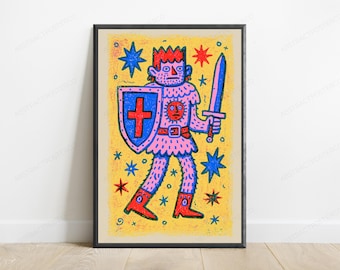 Colorful Demon Warrior Pop Art Print | Bold Quirky Character Wall Art | Vibrant Home Decor | Digital Download A3 A2 A1
