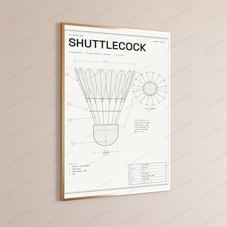 Shuttlecock Technical Blueprint Print | Badminton Sports Equipment Diagram | Vintage Engineering Art image 3