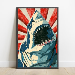 Puede incluir: Una l&aacute;mina de arte mural rectangular que presenta una ilustraci&oacute;n estilizada de un tibur&oacute;n con la boca abierta, mostrando dientes afilados. El tibur&oacute;n est&aacute; representado en tonos azules y crema sobre un fondo de rayas rojas y crema radiantes.