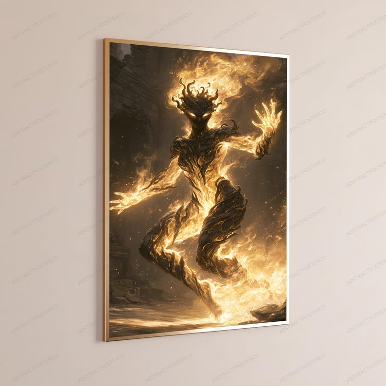 May include: A framed wall art print featuring a dark, charred humanoid figure composed of swirling golden flames and embers. The figure is depicted in a dynamic, leaping pose against a dark, smoky background, with bright light emanating from its body.